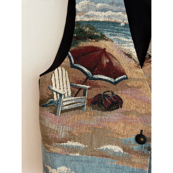 Vintage 90s Tapestry Novelty Vest needlepoint stitched beach chair umbrella ~L - Picture 4 of 7